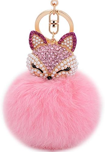 Anple Genuine Rabbit Fur Ball Pom Pom Keychain with A fashion Alloy Fox Head Studded with Synthetic Diamonds(Rhinestone) for Womens Bag Cellphone Car Charm Pendant Decoration(Pink1)