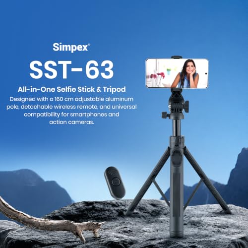 Image of Simpex SST-63 160cm Aluminum Tripod Selfie Stick with Wireless Remote, 360 Ball Head, 7-Section Extendable Stand, 3-Leg Stable Base & Compatible with Smartphones & Action Cameras