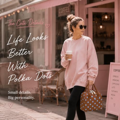 Image of LOVELYWIND Brown Blue Polka Dot Lunch Box For Women, Insulated Lunch Bag | Brown Lunch Bag With Blue Polka Dots; Cute Insulated Lunch Box Tote For Work, Travel, Beach, And Daily Meals.