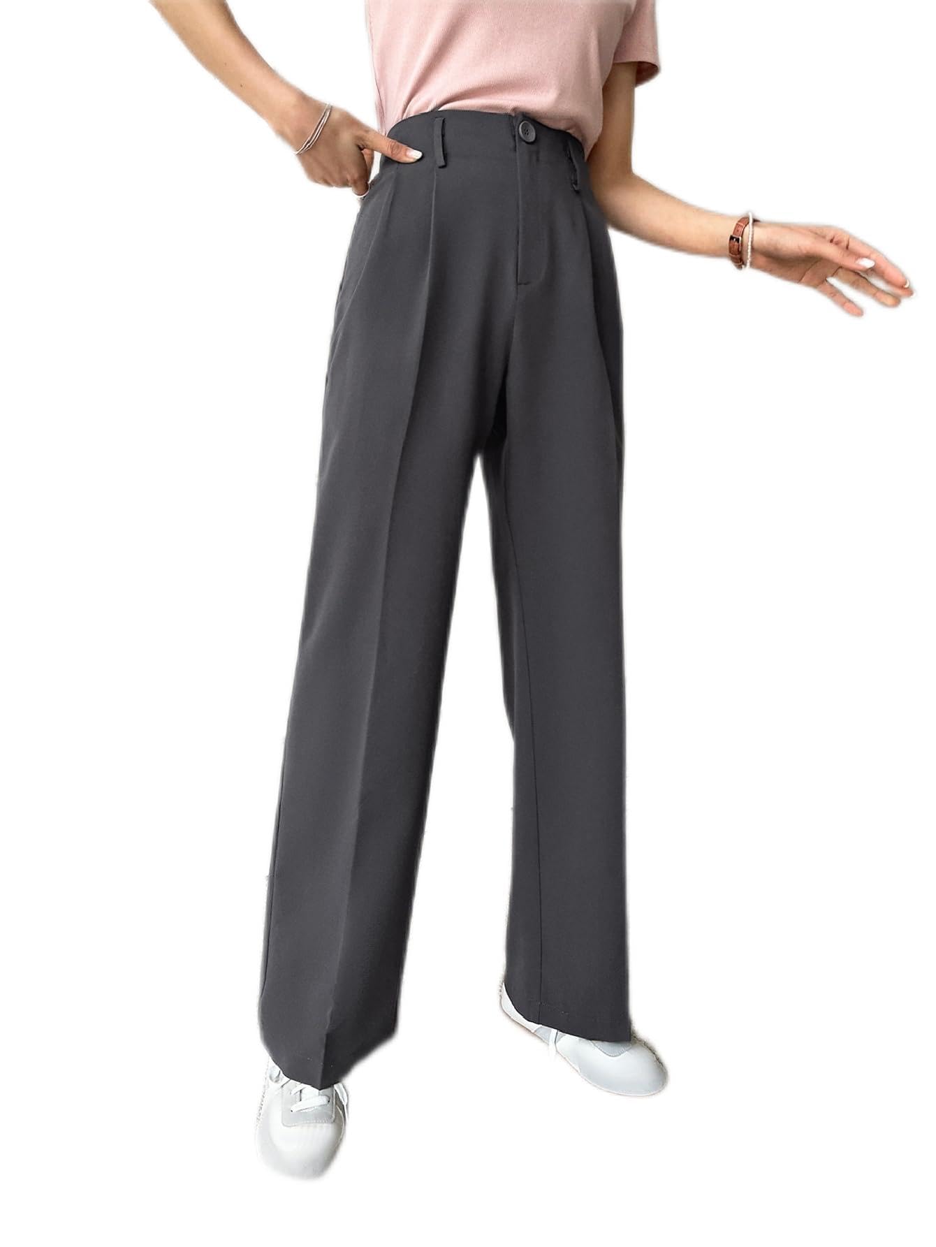 CRYBA Womens Pants High Waist Plicated Detail Straight Leg Pants Pant for Women
