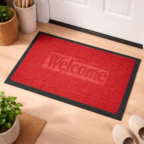 Image of DecorTwist PVC Door Mat 60x40 cm | Heavy Duty Indoor Outdoor Entrance Mat | Anti-Slip Rubber Back | Waterproof Dust & Dirt (Style 4 [ Red], Polyester & PVC Door Mat 60 * 40 cm, Pack of 2)