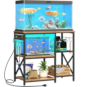 HOOBRO 20-29-37 Gallon Fish Tank Stand with Power Outlets and LED Light, Aquarium Stand with Storage Shelves, 35.4″ L x 15.7″ W, Reptile Tank Stand with Stable Metal Frame, Rustic Brown BF80UDFT01