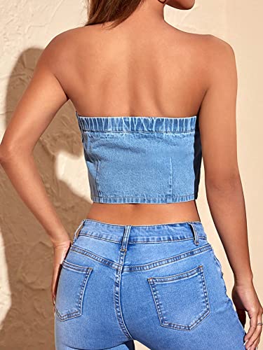 SweatyRocks Women's Casual Slim Fit Tube Denim Top Solid Elastic Trim Pullover Crop Tops2