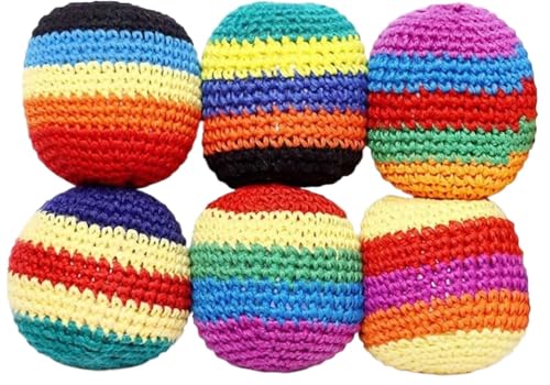 Juankrynord Balles de footbag tricotées à la main, présentant une variété de motifs géométriques colorés au crochet ; balles de jonglage et jouets d'extérieur pour enfants et débutants. (6 pièces)