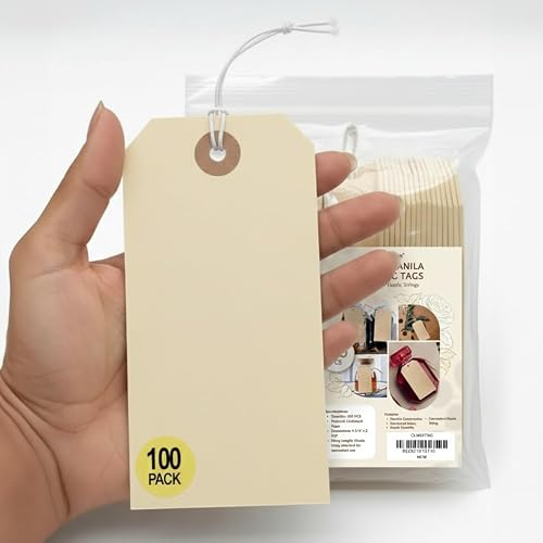 100-Pack Manila Shipping Tags with Elastic String - Performore, 2.375\"x4.75\", Reinforced Eyelet, Blank Label Tags for Gifts, Retail, Price, Inventory, Writable