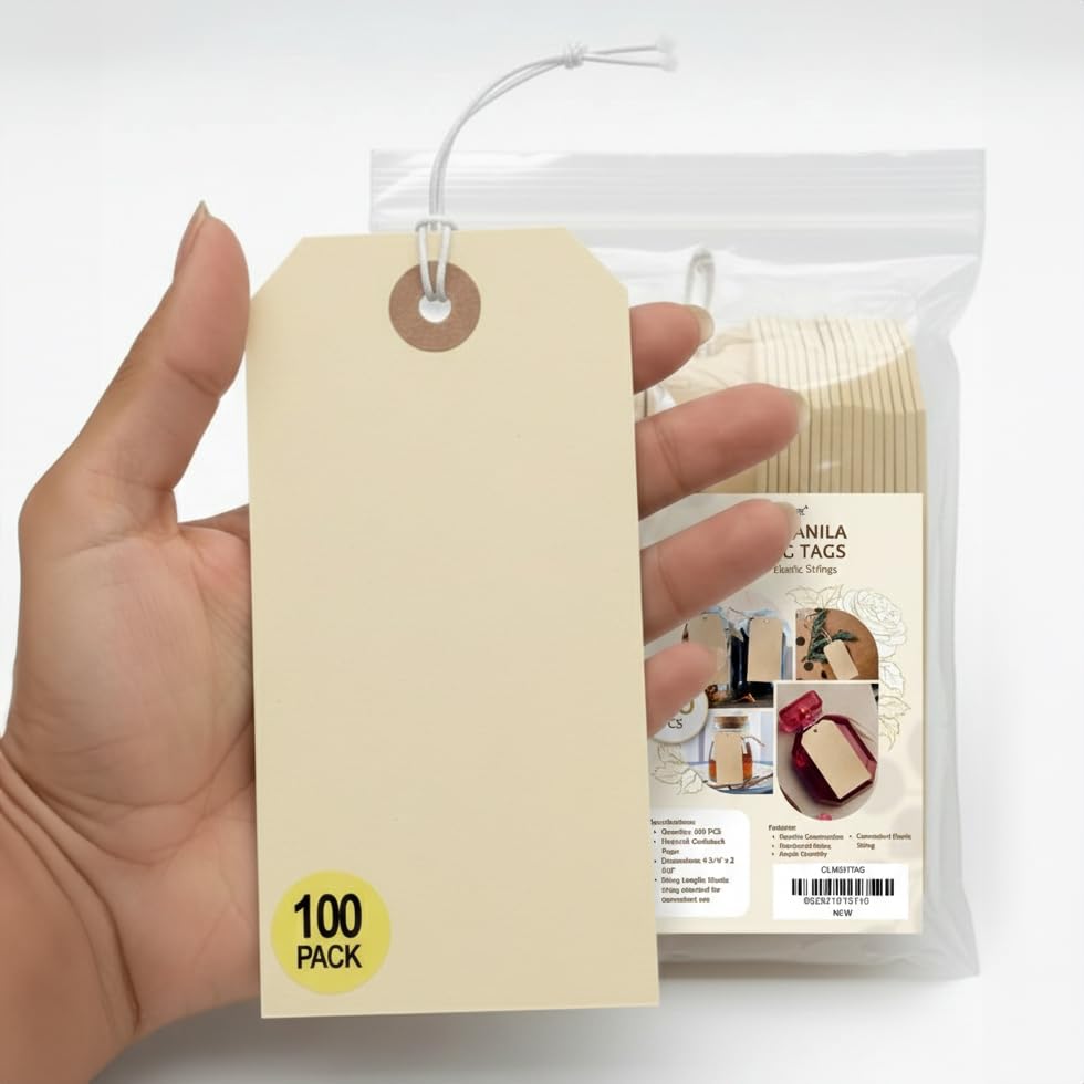 100-Pack Manila Shipping Tags with Elastic String, Blank Price Tags for Labeling, 2 3/8 x 4 3/4 Inches, Reinforced Eyelet, Writable Hang Tags for