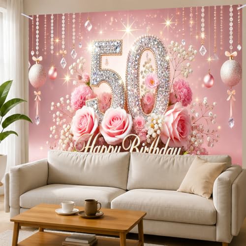 Image of Nuxovilar 50th Birthday Banner - Elegant Pink & Gold Floral Backdrop