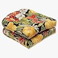 Pillow Perfect Tropic Floral Indoor/Outdoor Chair Seat Cushion, Tufted, Weather, and Fade Resistant, 19" x 19", Black/Green Clemens, 2 Count