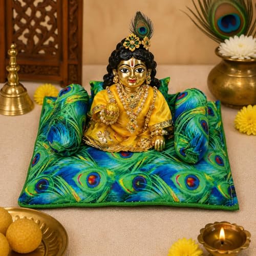 Laddu Gopal Aasan Gaddi seda artificial verde amarillo para Home Mandir 3