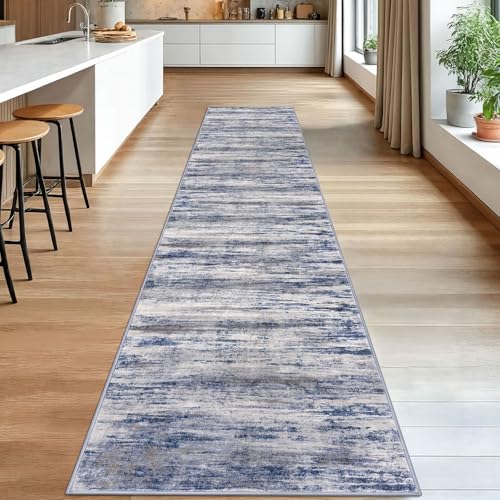 KOZYFLY Modern Abstract Washable Rug Runner 2.6x14 Hallway Rug Runner Non-Slip Soft Kitchen Runner Rugs, Distressed Grey-Blue Striped Carpet for Entryway Bathroom Laundry Room Foyer