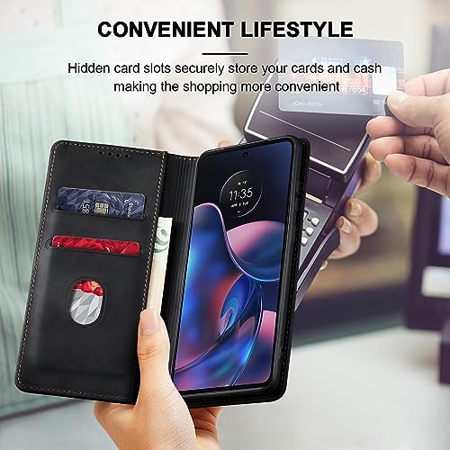 Image of Jasonyu Flip Wallet Case for Motorola Edge (2022) Moto,Leather Magnetic Folio Cover with Card Holder,Kickstand - TPU Shockproof Durable Protective Phone Case,Black