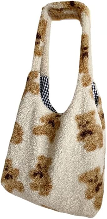 Plush Tote Bag Y2K Fuzzy Furry Hobo Bag Fur Bear Printed Underarm Bag Aesthetic Shoulder Bag Accessories Autumn Winter