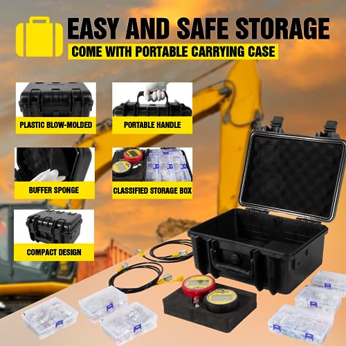 Image of 70DC Digital Hydraulic Pressure Test Coupling Kit Hydraulic Pressure Gauge Kit for Excavator Construction Machinery Range 80mm～10000PSI (700BAR /70MPa), 2 Gauge 18 Couplings 29 Run Tees