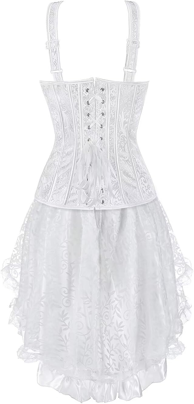 Jutrisujo Corset Strap Dress Top Skirt Set Plus Size Bustier Outfit Lingerie Lace up Gothic Women Bride Wedding White