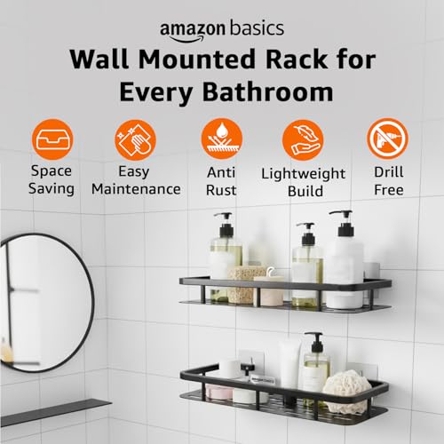 Image of Amazon Basics Wall Mounted Bath Rack - Self adhesive | Mild Steel Bathroom Organizer Shelf for Shampoo, Soap & Accessories | Rust-Resistant, Lightweight & Easy to Maintain - 30.1 x 13 x 4 cm, Pack of 2, Black