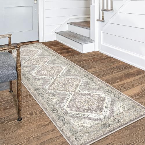 KUTA Oriental Washable Runner Rug, 2.6x8 Runners for Hallways Non-Slip Vintage Ivory Grey Yellow Kitchen Runners Ultra Soft Printed Distressed Tribal 8ft Floor Carpet Rugs for Stairway Bedroom