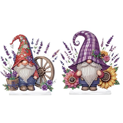 2 Pcs DIY Rustic Lavender Sunflower Gnomes Tabletop Diamond Art Painting Kit for Adults, Acrylic Special Shaped Desktop Ornaments, Stand Up Desk Placement Home Office Decor Crafts Gift