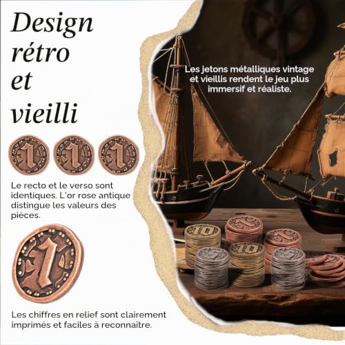 Prefdo Lot de 50 pièces en métal pour jeux de société, jetons trésor pour poker, RPG, stratégie, jeux de plateau, monnaie fantasy, monnaie de jeu générique robuste (or rose rétro - valeur 1 pièce) – vue 4