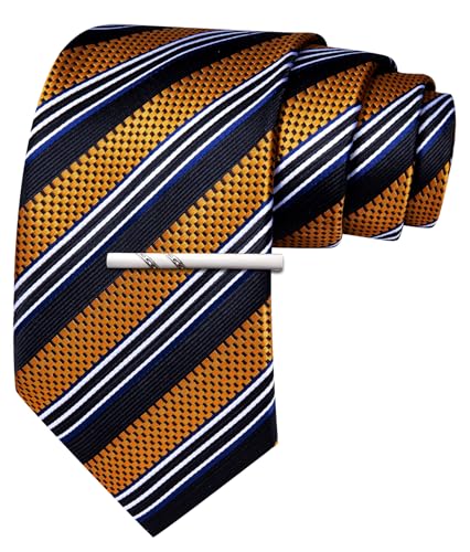 Image of Barry.Wang Silk Men Ties Formal Stripes Necktie and Tie Clip for Wedding Party Business Fashion Classic