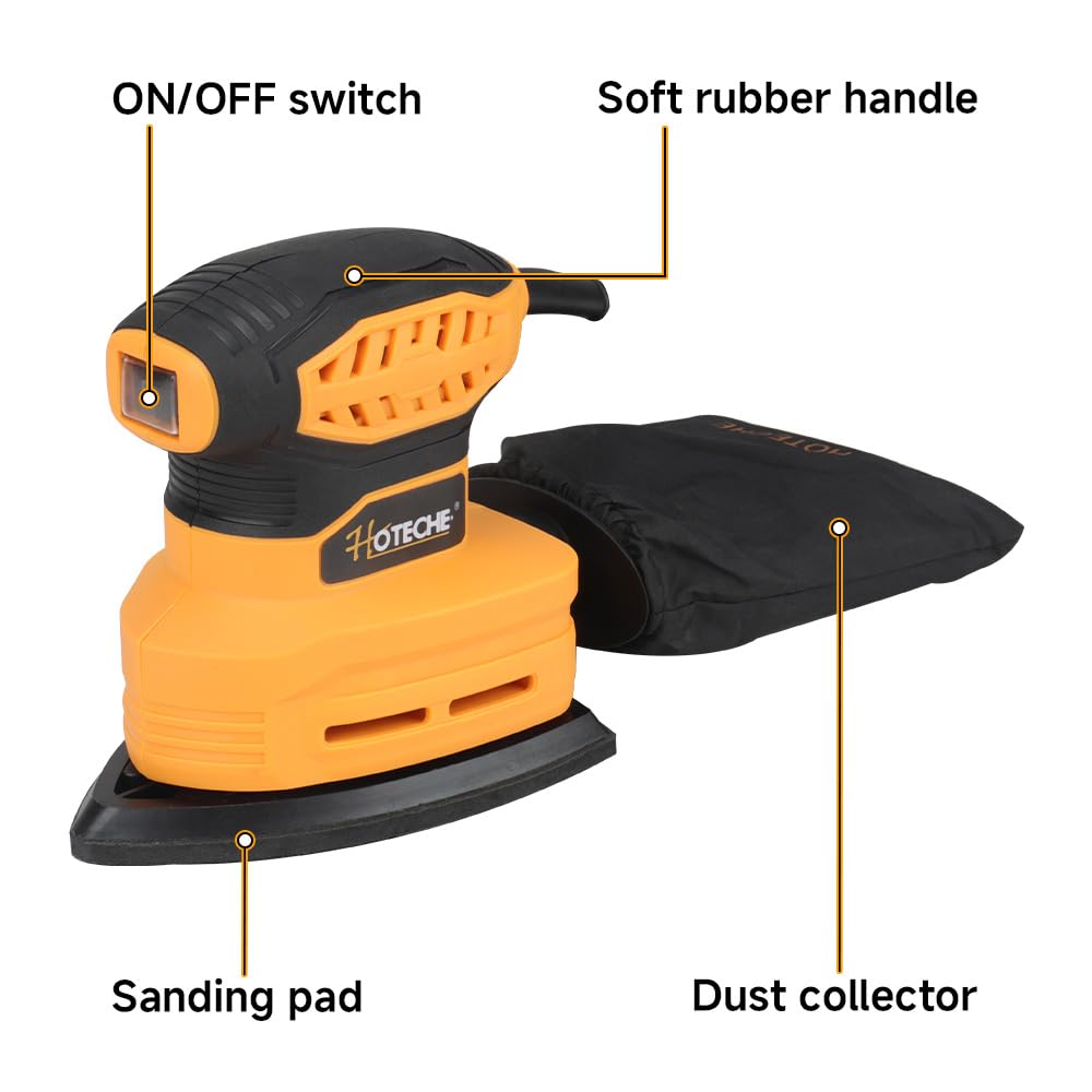 Hoteche Ponceuse delta 160 W - Puissante ponceuse pour bois, meubles et bricolage - 13000 tr/min - Auto-aspiration - Plaque 140 x 140 x 80 mm - Avec brosses en carbone - 5 feuilles abrasives et sac à