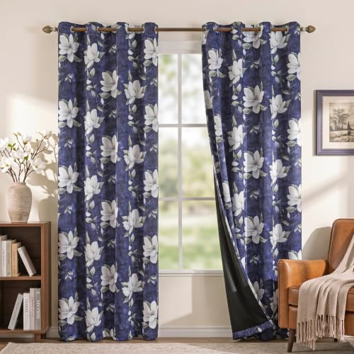 Image of MYSKY HOME Floral 95% Blackout Curtains 84 Inches Long 2 Panels Purple | Living /Dining Room Bedroom, Thermal Insulated Light Blocking Grommet Window Drapes, White Flower Pattern, 52 inchW Each Panel