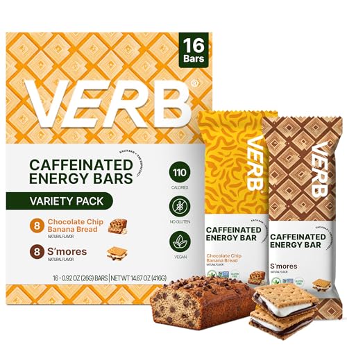 Image of Verb Caffeinated Energy Bars Variety Pack - 2 Delicious Flavors (26g, Pack of 16) 110-Calorie Delicious Low Sugar Energy Bar, Vegan & Gluten Free On-the Go Snack with 80mg Green Tea Caffeine