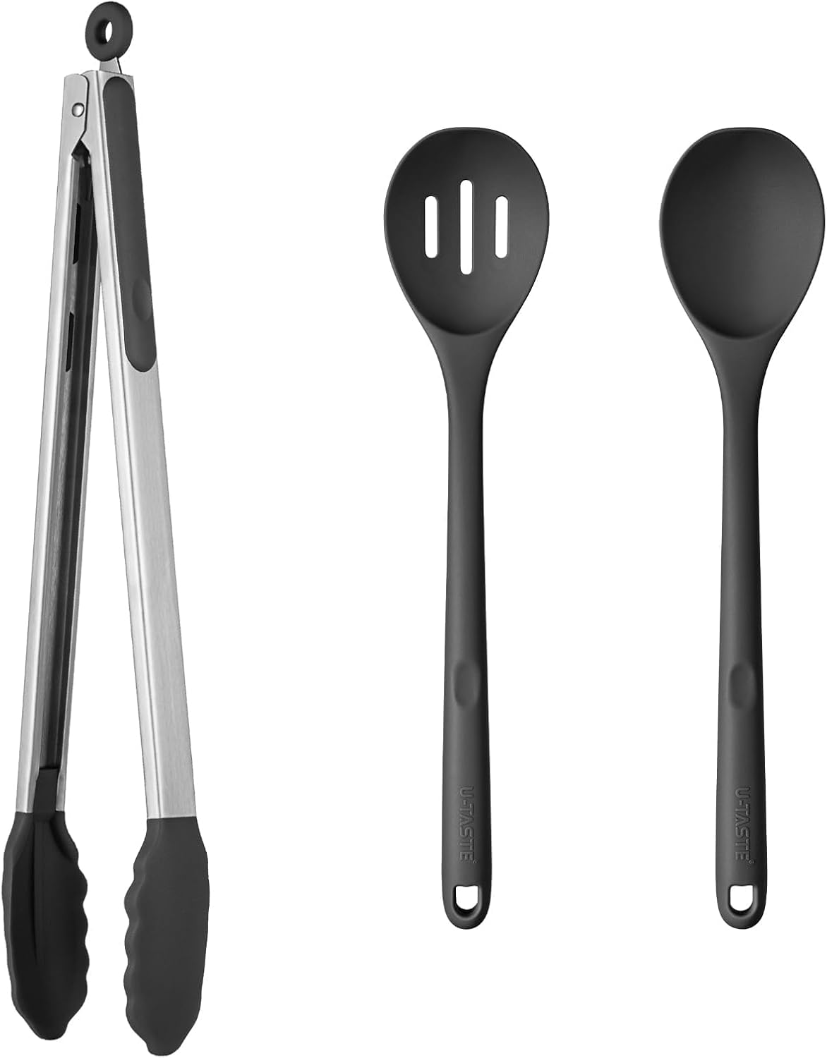 U-Taste 600℉ Heat Resistant Food Grade Non Stick Firm Cooking Tongs (16 in), and 600ºF Heat Resistant Silicone Spoons, 13.3in Solid & Slotted Kitchen Mixing Tool (Black)