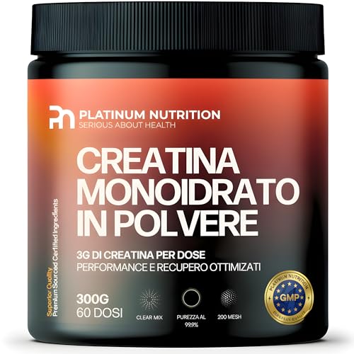 Platinum Nutrition® Creatina Monoidrata Micronizzata in Polvere, Rapido Assorbimento per Forza e Recupero Muscolare, Si Scioglie Senza Residui, Prodotta in Europa, Vegana, 300g
