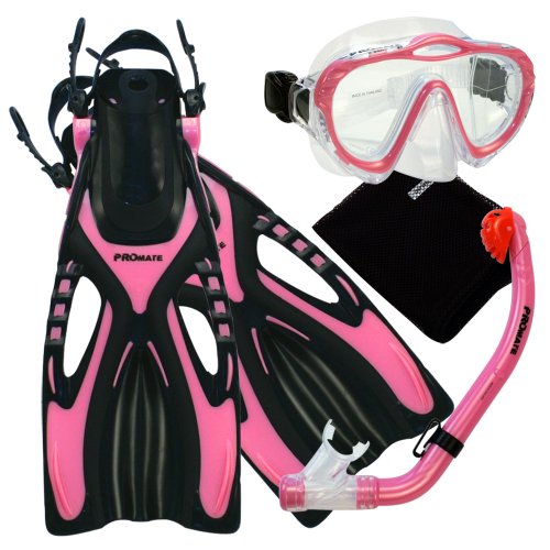 Promate 4570, pk, LXL, Junior Snorkeling Scuba Diving Mask Snorkel Fins w/Mesh Bag