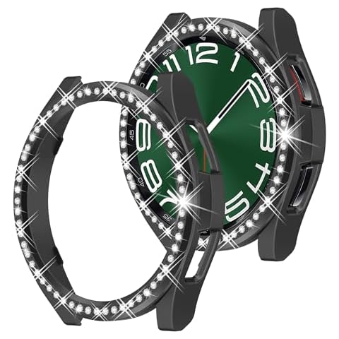 YUVIKE 2 in 1 Watch Protective Case for Samsung Galaxy Watch 6 Classic 47mm, PC Durable Bumper Cover, Glitter Rhinestone Bezel Ring, Black Cover