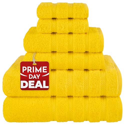 American Soft Linen Luxury 6 Piece Towel Set, 2 Bath Towels 2 Hand Towel 2 Washcloths, 600 Gsm 100% Cotton Turkish Towels For Bathroom, Yellow Towel Sets