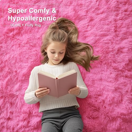 OLANLY 2x3 Machine Washable Small Bedside Rug, Soft Fluffy Shaggy Entryway Throw Rugs for Bedroom, Living Room, Indoor Floor Carpet for Kids Girls Boys, Nursery Rooms, Home Decor Aesthetic, Hot Pink