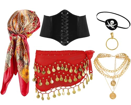 Jeere 6 Pcs Women Pirate Costume Accessories Belly Dancing Scarf