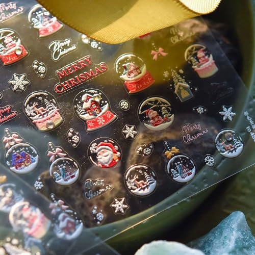 JMEOWIO 3D Embossed Christmas Snow Globe Nail Art Stickers Decals Self-Adhesive 5D Nail Supplies Nail Art Design Decoration Accessories 1 Sheets - Image 5