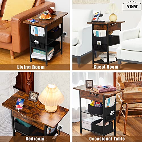 Y&M End Table With Charging Station, Narrow Flip Top Side Table With Usb Ports And Outlets, Bedside Table With Storage Shelf For Small Spaces, Nightstand Sofa Table For Living Room Bedroom - Brown #TOP3