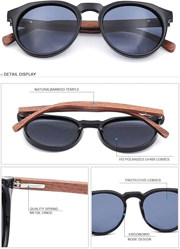 Miniatura 7 de Gafas de sol redondas de acetato negro brillante, con patillas de madera marrón, con lentes polarizadas grises, ligeras y cómodas, Bonventre Black