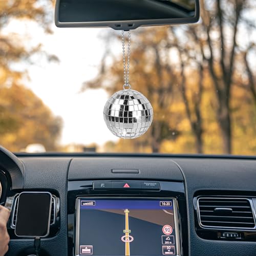 Disco Ball Car Accessory, Mirror Hanging With 2M String, Bling Charm, Rear View Mirror Accessories (Silver, 1.97inch)