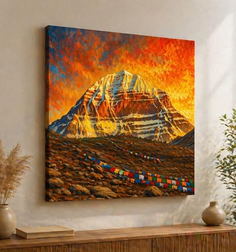 Image of Kunj Cart Mount Kailash Painting | 10+ DESIGNS | Kailash Parvat Canvas Painting for Living Room, Temple Home & Office Wall Decoration (Mount Kailash, 18x18 Inch, Framed)