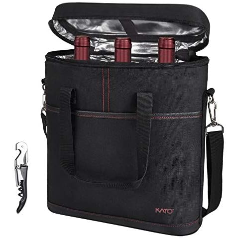 Insulated Wine Carrier - 3 Bottle Picnic Cooler Tote Bag Padded Wine Bag with Adjustable Shoulder Strap, Black Cover
