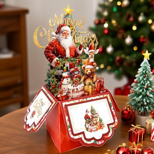 Cartão de Natal vintage de 4 camadas com design de Papai Noel, rena e árvore - Cartão de Natal de papel com envelope, convite de festa festiva para amigos e familiares