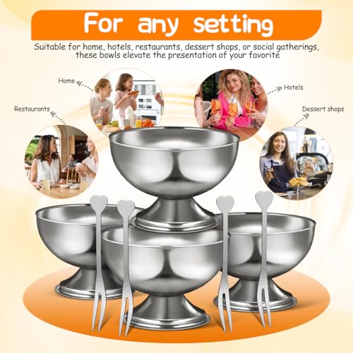 Image of Housoutil Ice Cream Cups, 4 Pcs Stainless Steel Serving Dessert Bowls, Round Sauce Bowls, Reusable Footed Yogurt Snack Candy Cups for Cake Salad Fruit Pudding Snacks Christmas Party