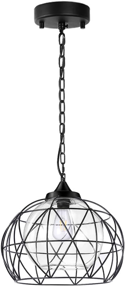 Wellmet 1-Light Hanging Lights,14.5 Inch Outdoor Chandelier Black Cage Pendant Lighting with Glass Shades, Porch Gazebo Barn Light Fixture Perfect for Dining Room, Bar, Aisle, Hallway, Entryway, Foyer