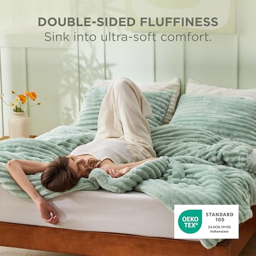 Image of Bedsure California King Fluffy Comforter - GentleSoft 3 Pieces Luxury Fleece Sage Green Bedding, Cozy Room Decor Aesthetic, 1 California King Bed Comforter (104 inchx96 inch) and 2 Pillowcases (20 inchx36 inch)