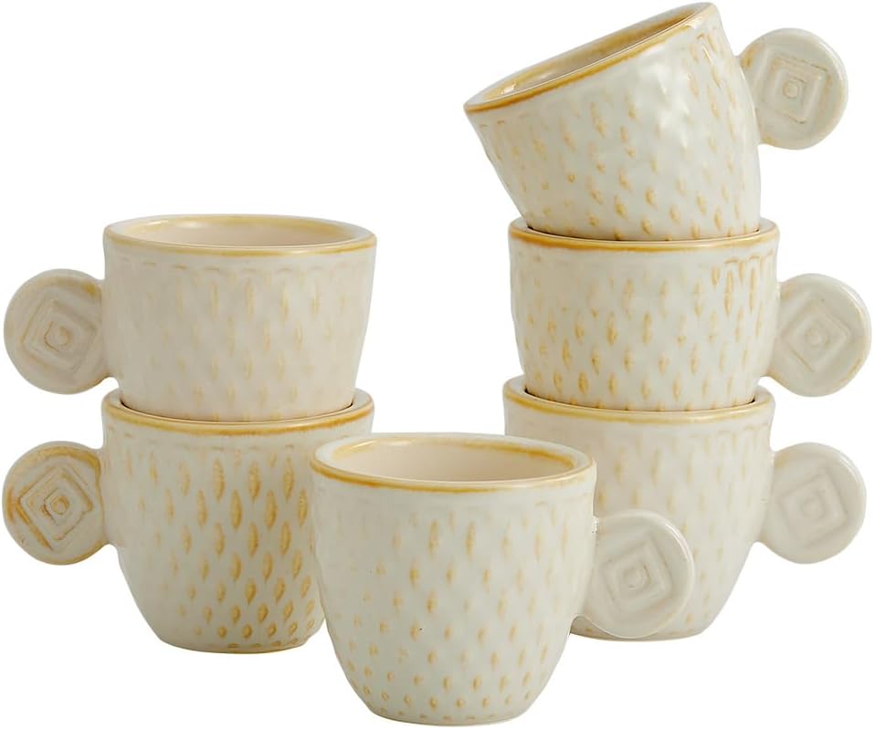 Vintage Espresso Cups Set of 6, 3 oz Demitasse Cups, Unique Embossed Vintage Glaze Small Ceramic Espresso Coffee Cups (Cream)