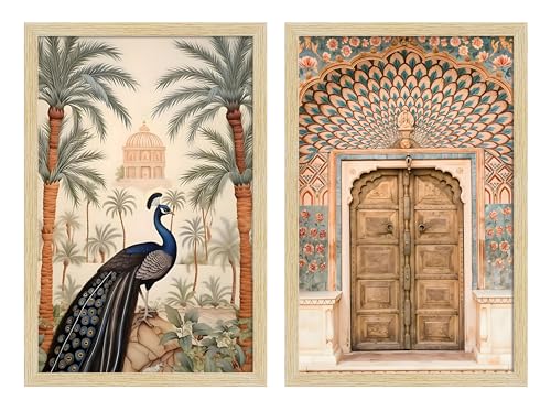 Image of ArtX Paper Peacock Painting For Wall Vastu, Madhubani Art Paintings, Floral Wall Painting for Living Room, Multicolor, Natural Wood Color Frames, Set of 2