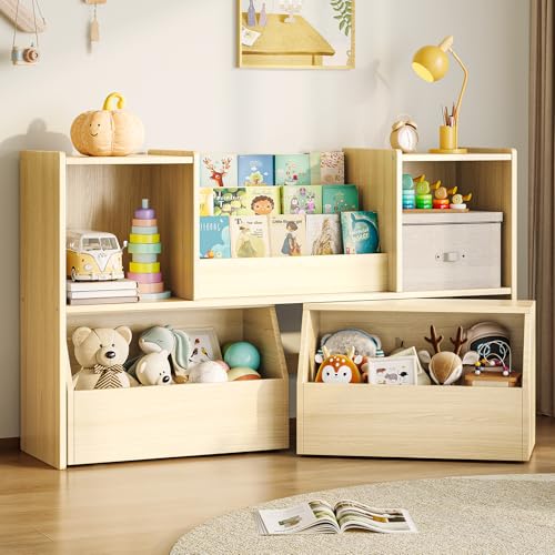 EXPERLAM Solid Wood Kids Bookshelf and Toy Storage Organizer 3-in-1 Montessori Bookcase with Storage Cubbies and 2 Rolling Toy Bins Toddler Bookshelf for Kids Room Playroom Nursery