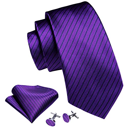 Image of Barry.Wang Tie Sets for Men Silk Stripe Necktie Woven Checkered Handkerchief Cufflinks Formal Business Wedding