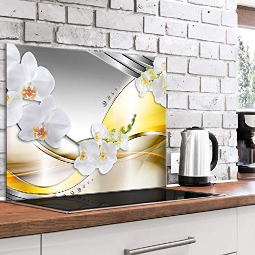 Artgeist Tempered Glass Backsplash For Kitchen Splashback Printed Toughened Glass Cooker Protector Heat Resistant Decorative Wall Panel 31X24 Inches - Abstract Orchid Flowers - B-C-0636-Aq-E #TOP29