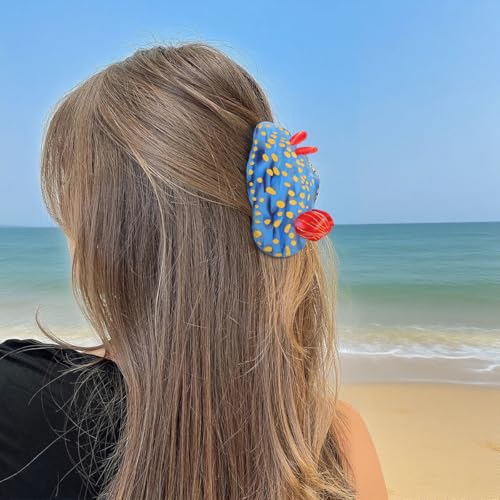 Ocean-Themed Hair Claw Clip – Blue & Red Sea Slug Design, 3.54 Inch, Shark Teeth Grip, Glossy Gold Accents – Durable Spring Clip Gift for Women & Girls