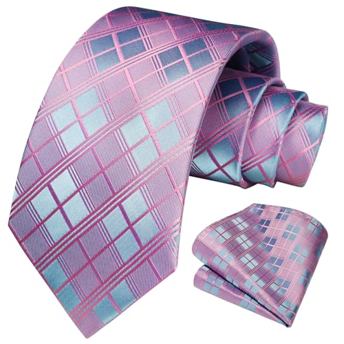 HISDERN Pink Ties for Men Plaid Mens Ties with Pocket Square Set Formal Pink Pale Mens Blush Ties Handkerchiefs Checkered Silk Satin Neckties Business Wedding - Thumbnail 5
